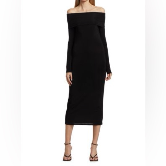 Universal Thread Elegant Black Off-Shoulder Bodycon Midi Ribbed Long SleeveDress - Picture 1 of 6